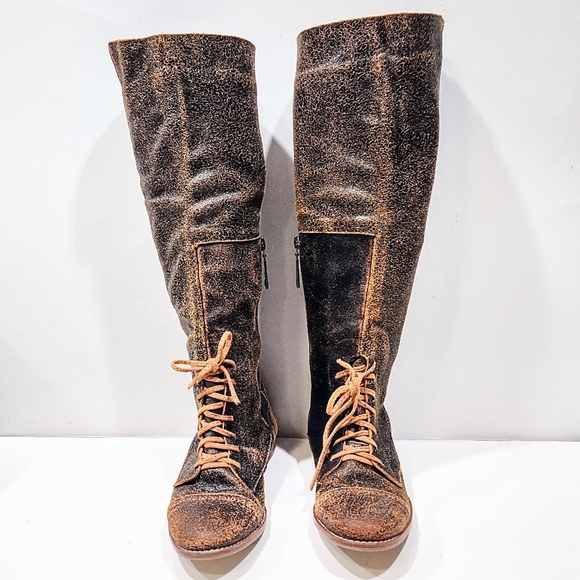 Sibyl Vane Distressed Leather Knee High Riding Boots Women 37 Equestrian Gaucho - Picture 2 of 15